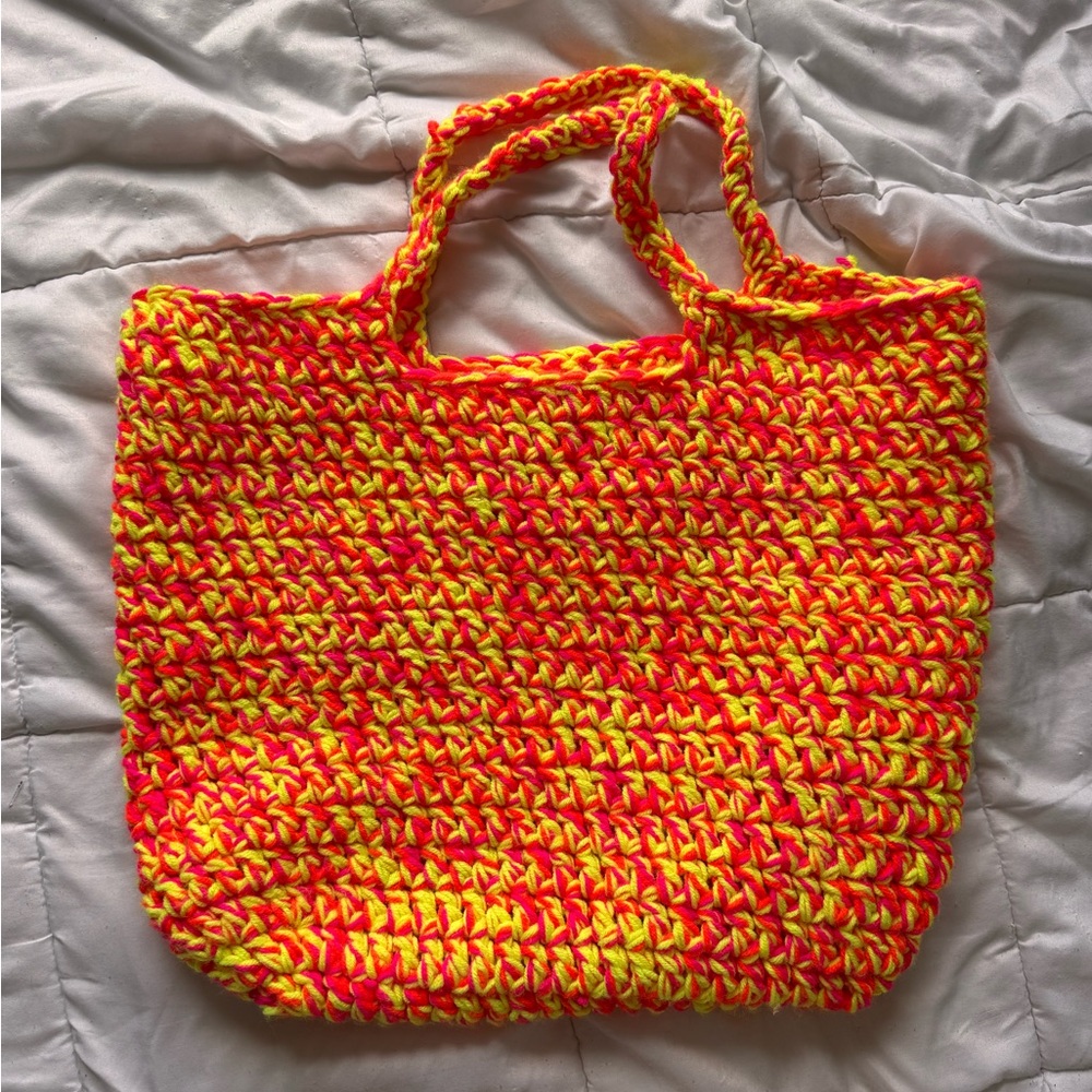 Vibrant Orange, Pink, and Yellow Crochet Tote Bag